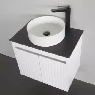 Тумба-умывальник Comforty Двина-60ПД белая матовая со столешницей мрамор Калакатта Блэк с раковиной 9111