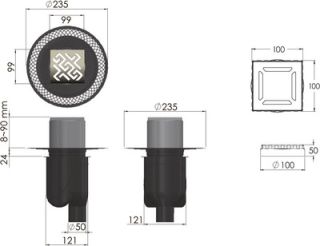 Душевой трап 99x99/50 мм матовый хром Berges Platz Antik 090060
