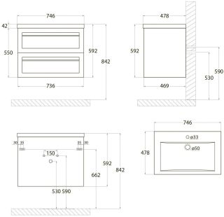Подвесная тумба под раковину Art&Max Platino 75см серый матовый AM-Platino-750-2C-SO-GM