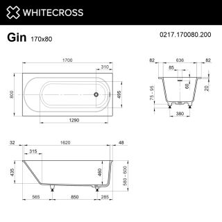 Ванна из искусственного камня WHITECROSS Gin 0217.170080.200 170x80 см белый матовый