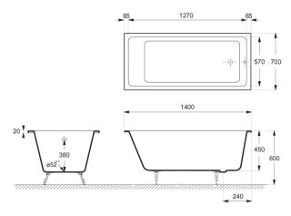 Ванна чугунная Vinsent Veron Square VSQ1407045 140x70см без отверстий для ручек