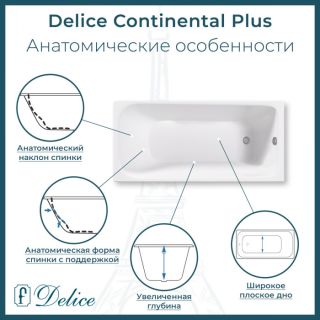 Ванна чугунная Delice Continental PLUS 100х70 с отверстиями под ручки и антискользящим покрытием