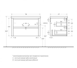 База под раковину Cezares подвесная с двумя выкатными ящиками, Дуб карамельный, 796x478x500, RELAX-800-2C-SO-RC-P