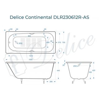 Ванна чугунная Delice Continental DLR230612R-AS 150x70 с отверстиями под ручки