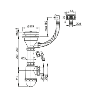 Сифон для мойки AlcaPlast с нержавеющей решеткой ?115 гофропереливом и подводкой A447P-DN50/40